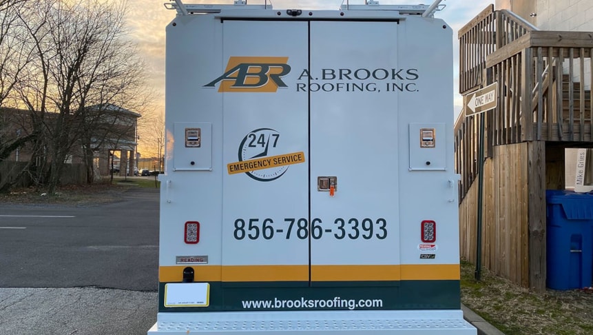 Custom vehicle wrap for repeat customer A. Brooks Roofing