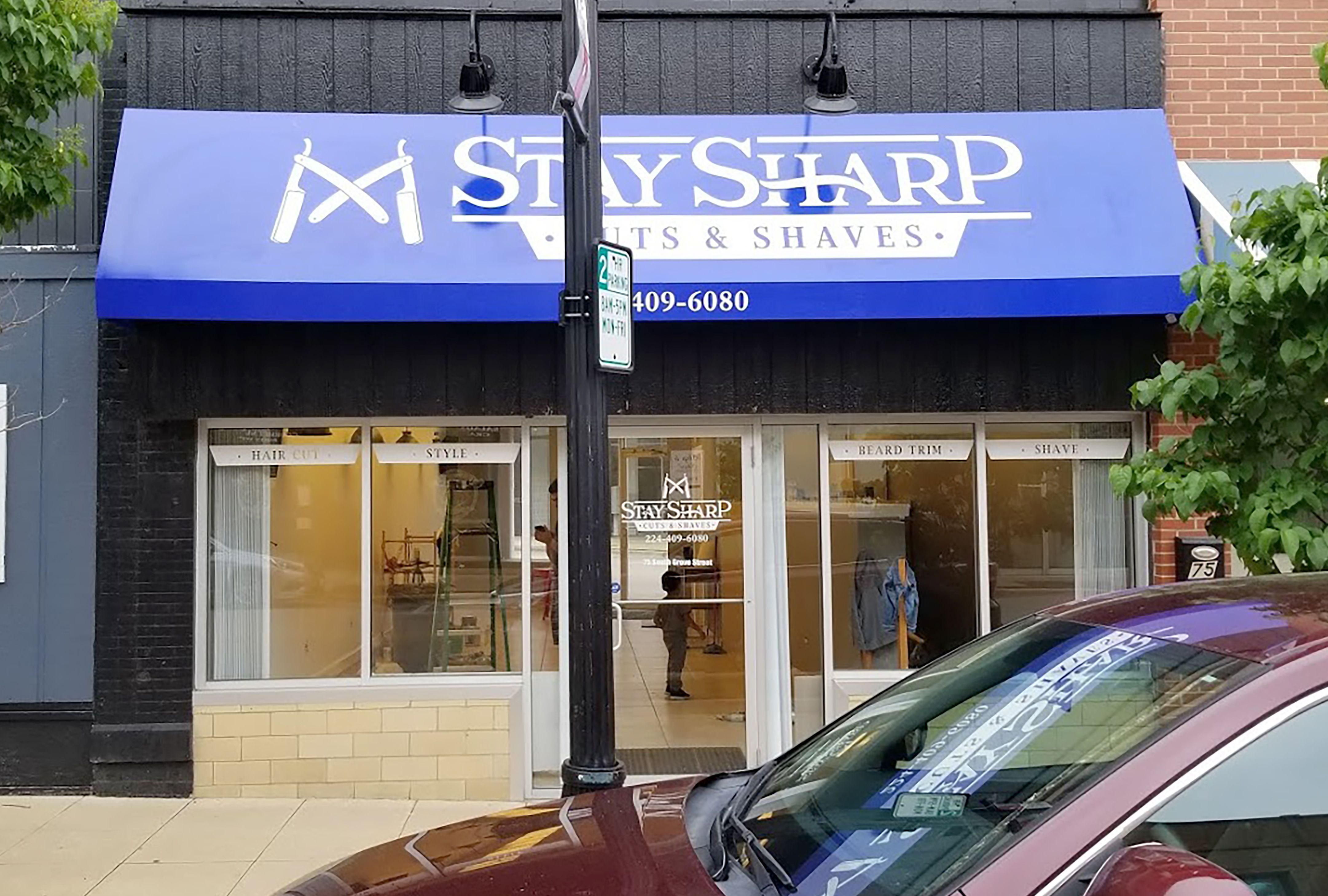 Exterior Storefront Awnings for Stay Sharp Cuts & Shaves in Elgin, IL