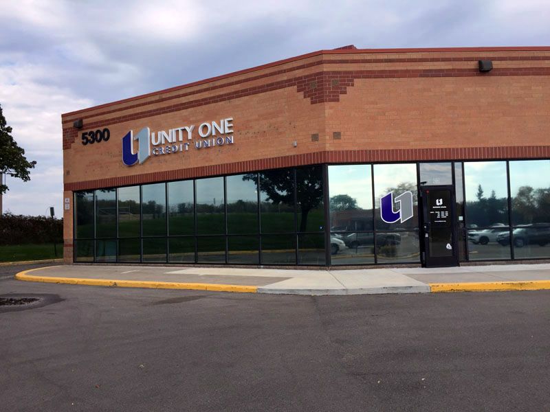 Exterior Lit Channel Letter Sign for Unity One Credit Union in Inver Grove Heights, MN