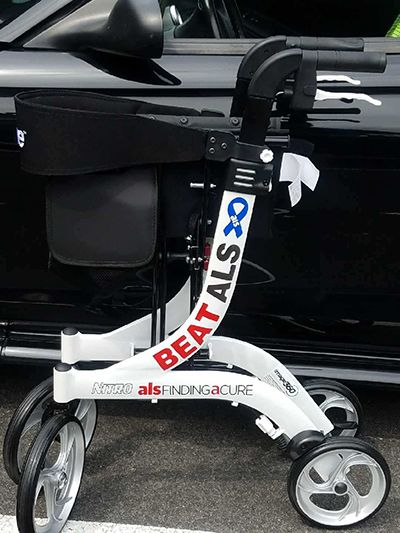 Custom reflective vinyl graphics on a mobility walker for customer with ALS.