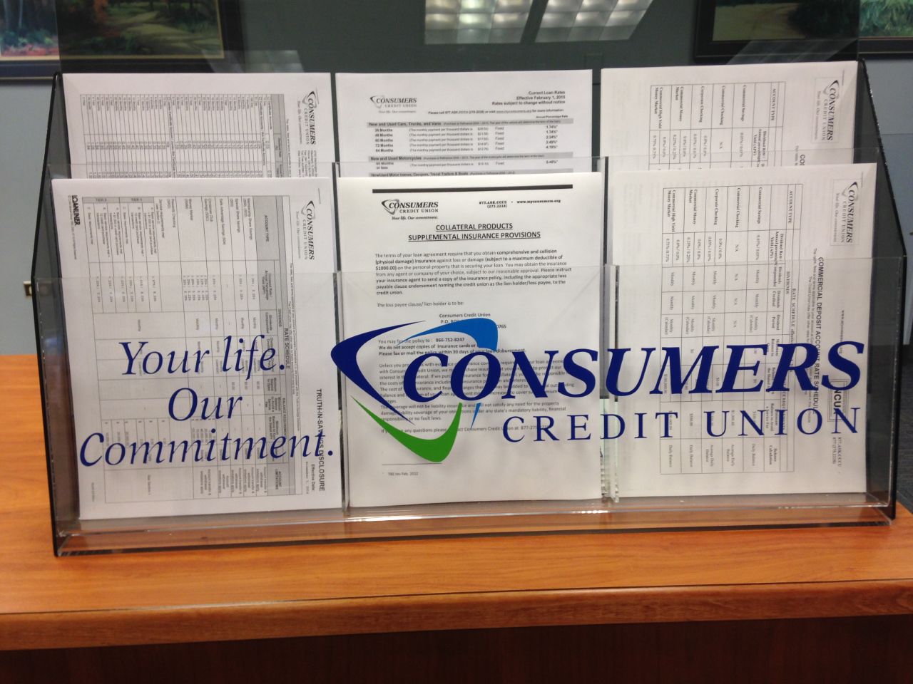 Acrylic brochure holder with logo for Consumers credit union.  Gurnee, IL