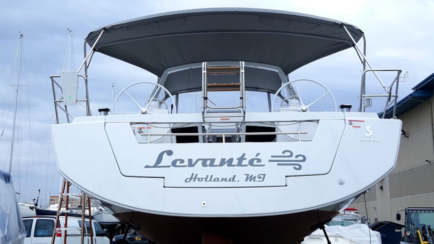 Name letters on transom of sailboat at Sail Place Kenosha WI