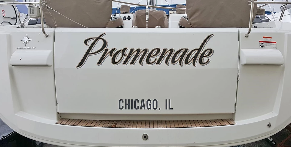 Boat name in metallic gold and black with pewter drop shadow 