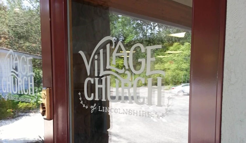 Faux etched glass logo on church doors - Linconshire, IL