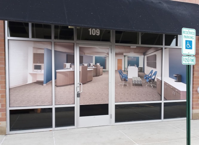 Block out window covering for construction with architects rendering of interior