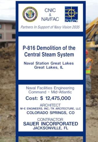 Construction site sign for government project at Great Lakes Naval Base