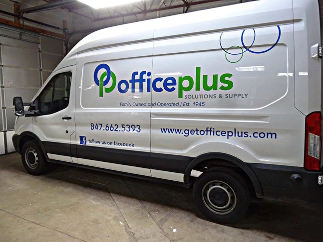 Delivery Van lettering and graphics for Office Plus.  Waukegan, IL