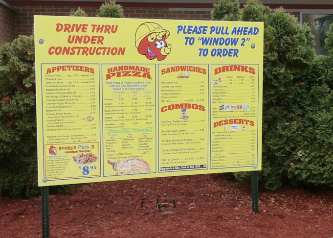 Menu board for temporary use during construction of drive thru