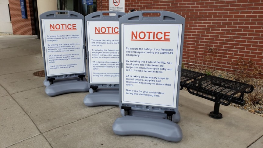 Wind signs with weighted base and flexible springs with interchangeable faces.  Notice is to help prevent spread during the coronavirus outbreak.  Produced for a VA hospital