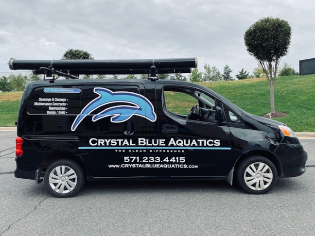 The white and blue colors in Crystal Blue Aquatics logo and lettering really pop on their new company vehicle.