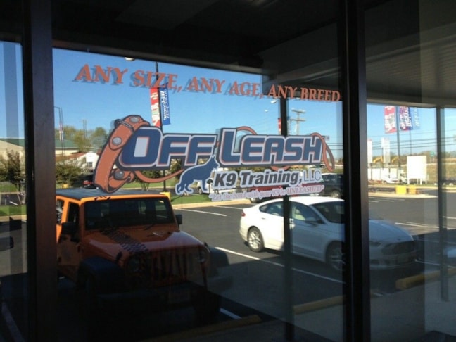 Decal cut window logo in color for Off Leash K9 Training with tag line. Bright and vibrant logo against the window!