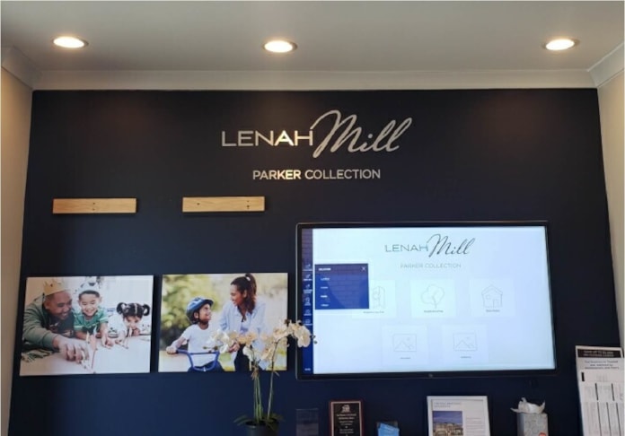 This brushed silver dimensional logo was created for our friends at Toll Brothers to label their new collection. Its mounted on drywall.