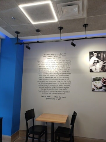 SouvlakiBar restaurant wanted to spruce up some of their walls at their new location in Oakton, VA. This photo shows one of the decals they got, explaining how their restaurant was started!