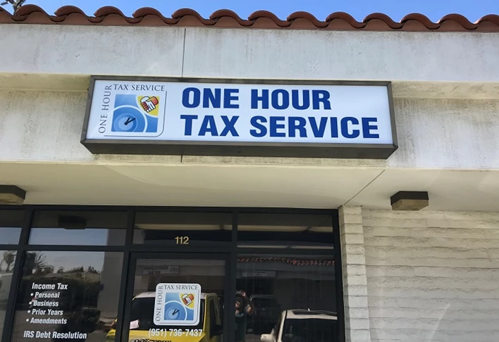 Custom light box sign for One Hour Tax Service, Corona, CA