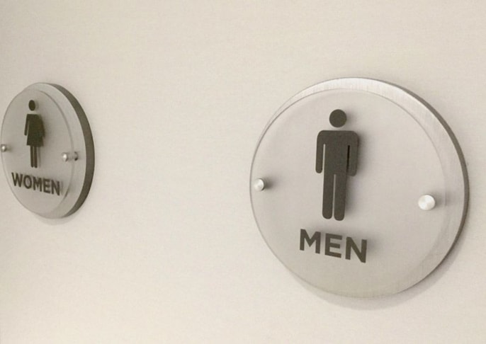 Decorative Restroom ADA Sign with Raised Tactile Copy and Braille. Custom cut 1/2 Aluminum and Acrylic Panel Mounted with Stand-Offs.