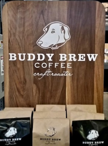 Custom Cut Vinyl Graphics on a Point of Sale Display for Buddy Brew Coffee