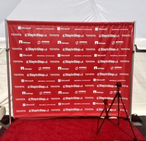 Stay N Step Custom Trade Show Booth Banner with Step & Repeat Backdrop and Pegasus Frame