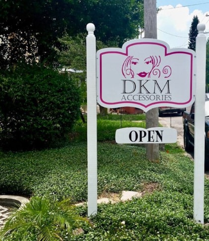 Custom Double-Sided Contour Cut Post and Panel Wood Sign for DKM Accessories in South Tampa